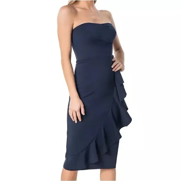 NWOT Dress The Population Liv Womens (L) Navy Blue Ruffled Strapless Midi Dress - Picture 1 of 13
